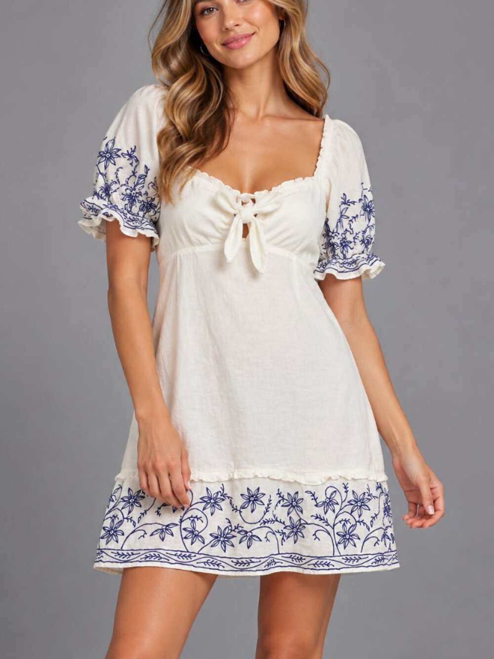 Show Me Your Mumu White & Blue Embroidered Mini Dress | Size M